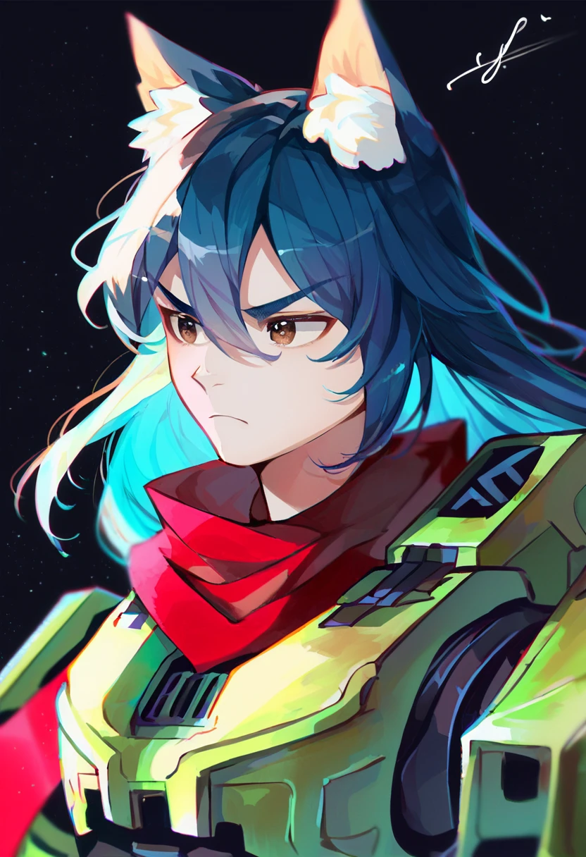 <lora:Master_Chief:1>,score_9,score_8_up,score_7_up,master_chief, mr.quin, cy9, 1girl, animal_ear_fluff, animal_ears, armor, black_background, black_hair, blue_hair, brown_eyes, colored_inner_hair, cosplay, frown, hair_between_eyes, long_hair, master_chief_(cosplay), multicolored_hair, power_armor, red_scarf, scarf, signature, solo, spartan_(halo), upper_body, v-shaped_eyebrows, halo:_combat_evolved, halo_(series), absurdres, highres