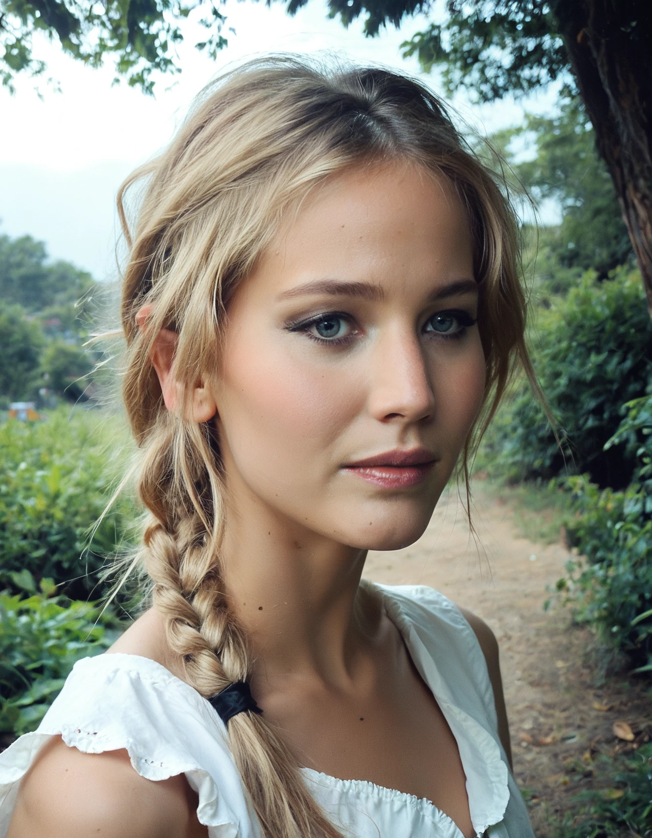 score_9, score_8_up, score_7_up, ohwx, 1girl, realistic, photo \(medium\), blouse, half up half down braid, <lora:CrunchyBanana_PONY_DORA_Jennifer_Lawrence V2:1>, solo focus, blonde, outdoors, rating_safe