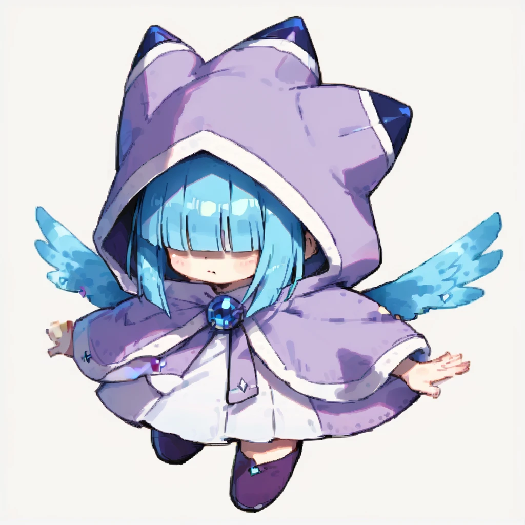 score_9, solo
  <lora:Mahoko:1> mahoko, blue hair, wings, hood, hair over eyes, hood up, capelet, gem, purple footwear, blunt bangs