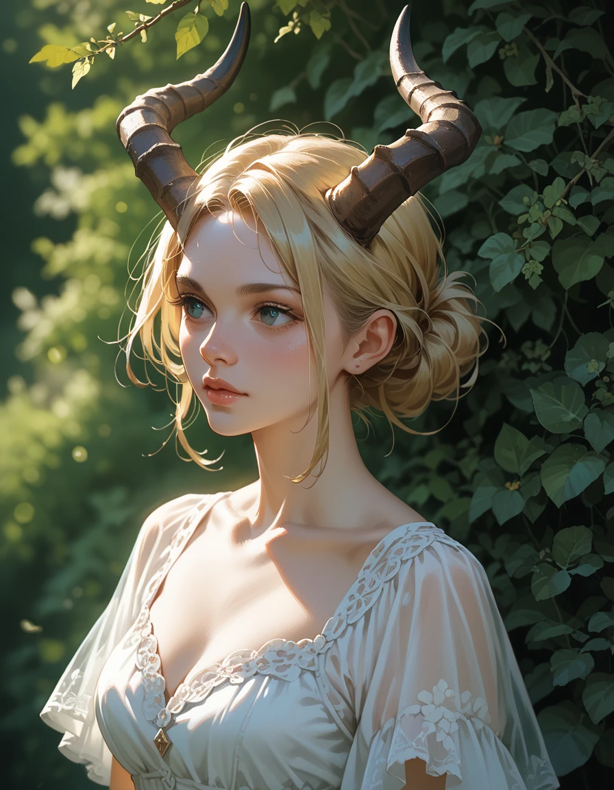 score_9, score_8_up, score_7_up, score_6_up, score_5_up, score_4_up, solo,1girl, blonde hair, dress, horns, <lora:africanimpala:0.6>, outdoors, upper body