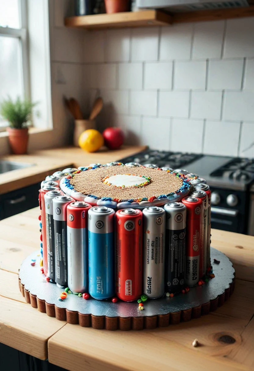 B4TT3R13S, a cake made of batteries,  set in a kitchen, ,Masterpiece,best quality, photo, realistic, very aesthetic