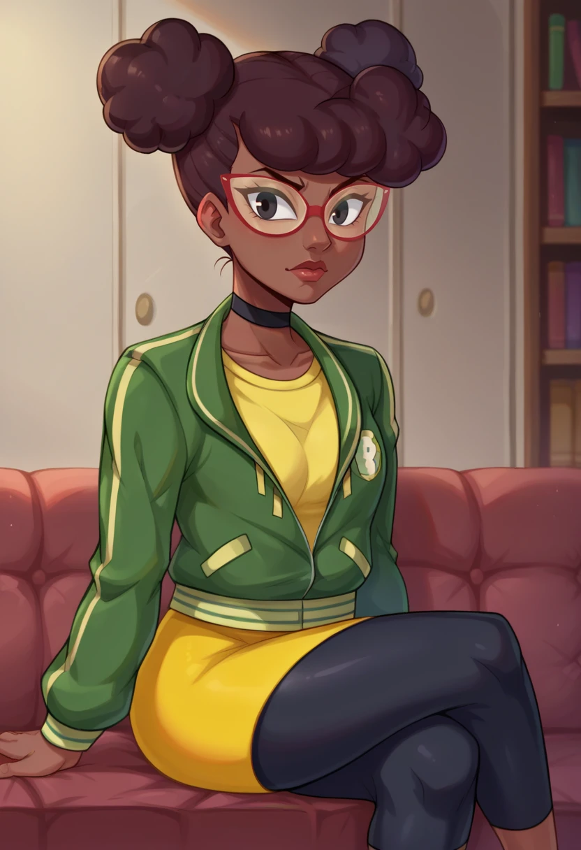 score_9,score_8_up,score_7_up BREAK <lora:april18:0.9>,April2018,1girl,yellow skirt,black hair,black eyes,jacket,choker,dark skin,hair bun,dark-skinned female,double bun,yellow shirt,leggings,very dark skin,afro,cowboy shot,room,room background,sitting,