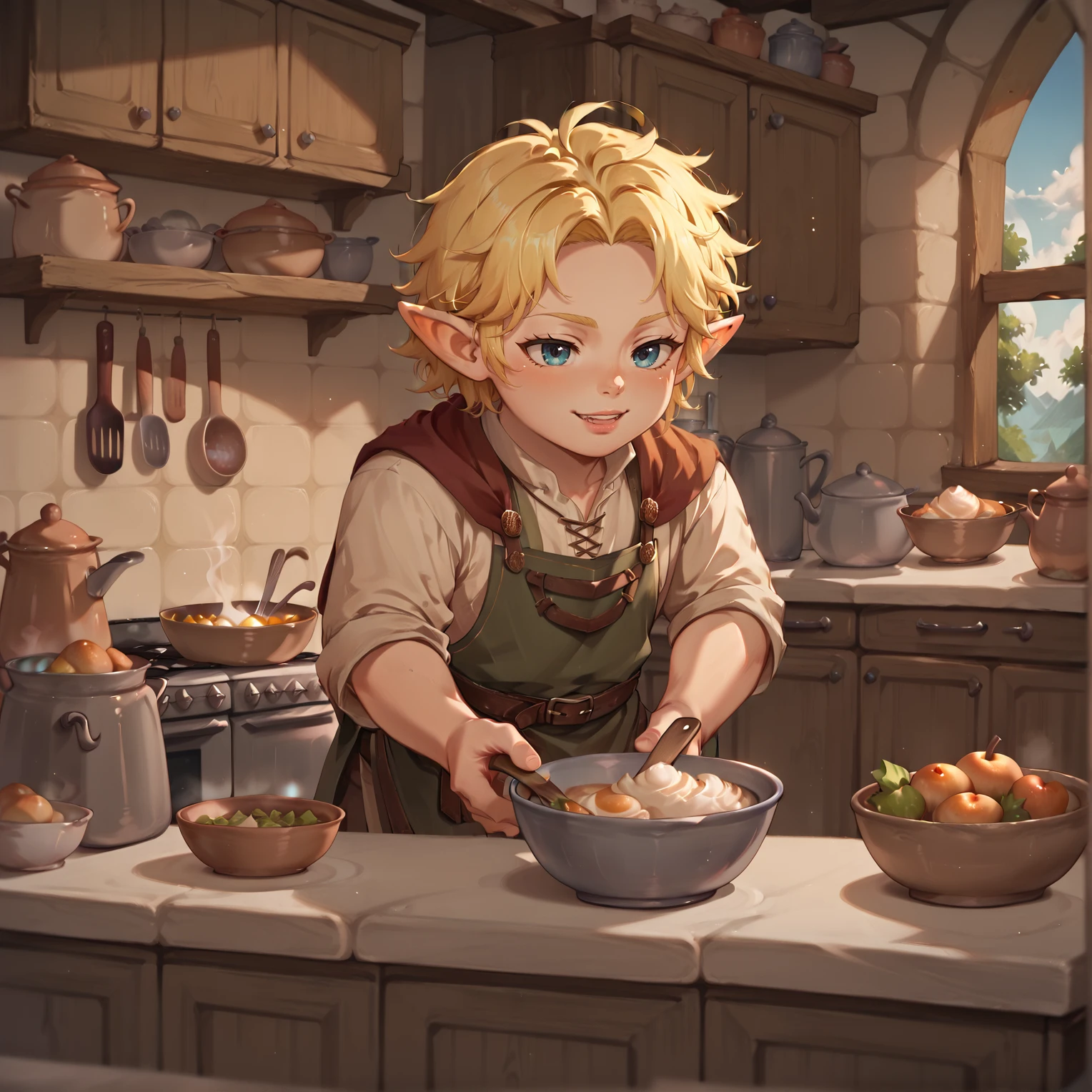 1boy, blonde hair, holding bowl, pointy ears, kitchen,  <lora:Halflings_Pony_XL:1>, halflings, hobbits, BREAK score_9, score_8_up, score_7_up, best quality, masterpiece, 4k, prefect lighting, very aesthetic, anime, zPDXL2, <lora:IriaStylePony:0.8>, IRIaStyle, chibi