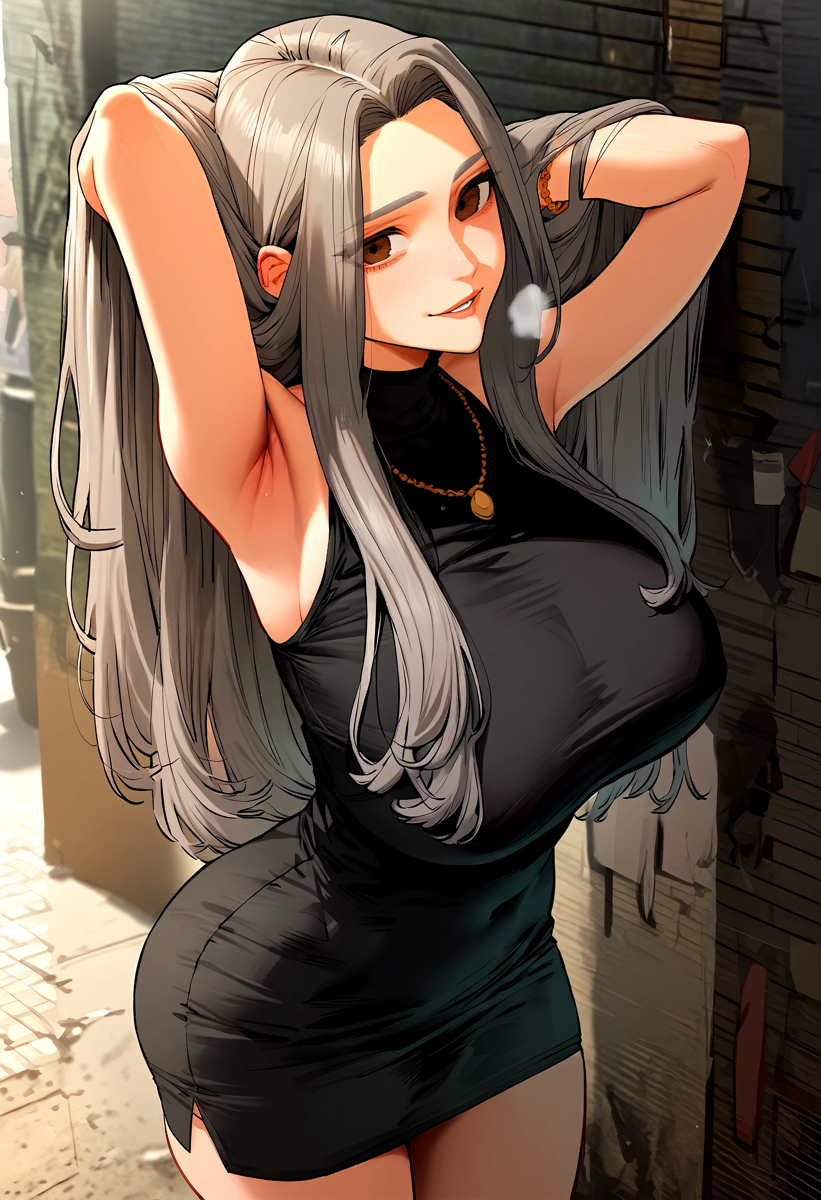 score_9, score_8_up, score_7_up, score_6_up, source_anime, rating_explicit, 1girl, (solo:1.1), huge breasts, <lora:Jo In-ahponyxl:1> long hair, brown eyes, grey hair, brown hair, necklace, turtleneck, black dress, pencil dress, short dress, sleeveless dress, bracelet, smile, parted lips, Narrow shoulders, heavy breathing, steaming body, alley, outdoors, looking at viewer, close-up, standing, arms behind head