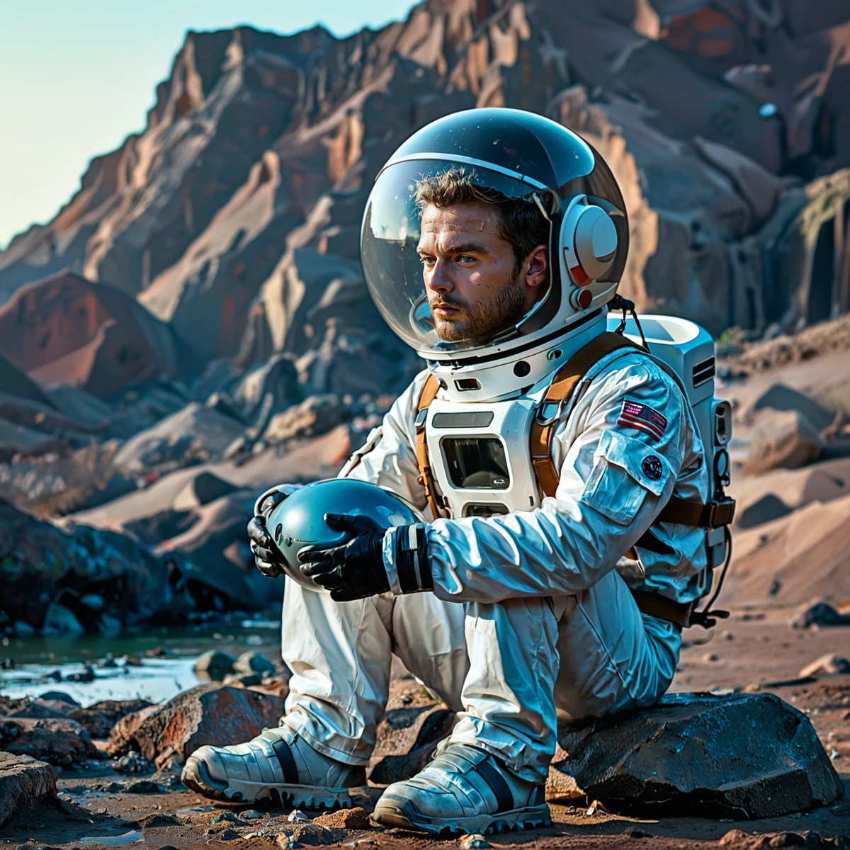 score_9, score_8_up, rating_explicit, washing laundry, river, busy woman, oil painting, rembrandt lighting, masterpiece, epic, intricate details, sharp focus
BREAK An empty open space on Mars is filled with tons of red-brown dust, floating in a sparse atmosphere typical of other planets.',
'A lonely astronaut sits sadly on a boulder, their futuristic space suit displaying scratches and subtle damage.',
'The suit has traces of black smoke, adding to the feeling of desolation.',
"Nearby the astronaut, a broken martian rover lies in pieces, reflecting the harsh environment.",
'Far in the distance, digging robots are diligently working to create a subterranean hut for the astronaut.',
'In the background, construction bots are poised to start building the submerged hut.',
'The overall scene is one of solitude and resilience in the face of adversity.
BREAK The astronaut is sitting alone on a boulder, their futuristic space suit marred with scratches and other subtle damages.',
'Traces of black smoke are visible on the white suit, adding to the overall sense of desolation.',
'The astronaut appears dejected, reflecting the harshness of the Martian environment.
BREAK  SK_CINEMATIC zPDXL2 ImgFixerPre0.3