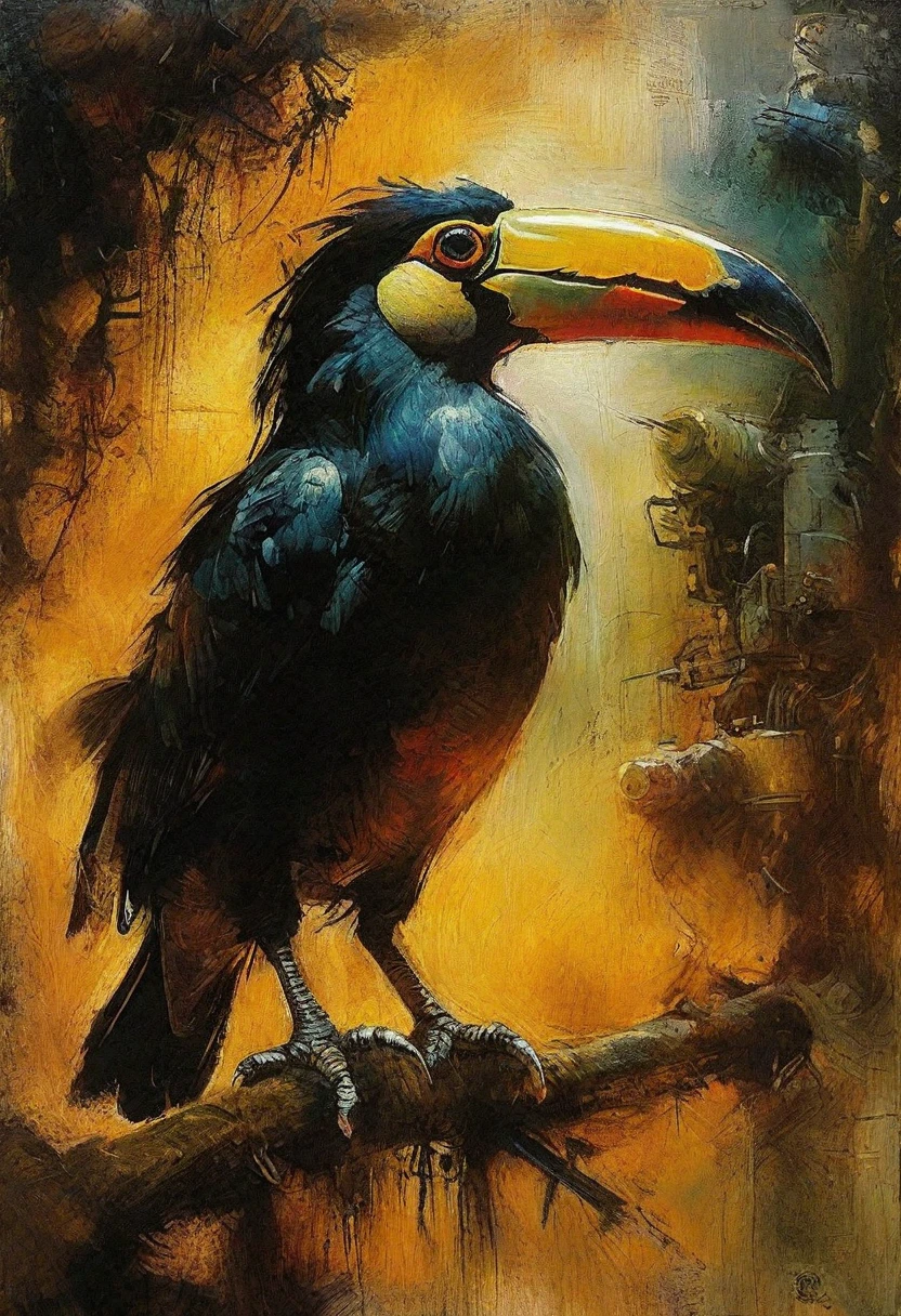 art by Antonio J Manzanedo.
dark cyberpunk art of A mechanical toucan
in the style of H.R.Geiger
DnD_Inkyboyz, inky, grainy, noise,