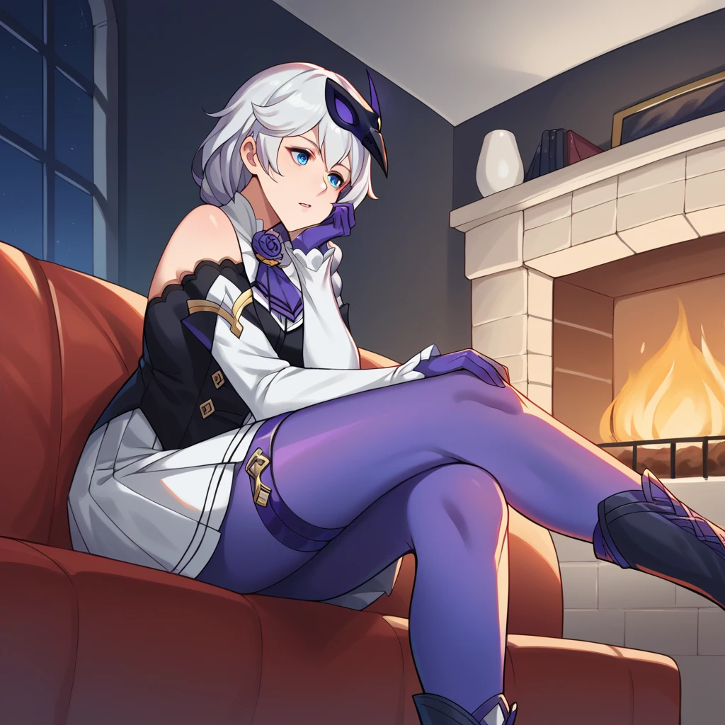 score_9_up, score_8_up, score_7_up, source_anime, masterpiece, best quality, 1girl, solo, Kallen, Kal_Def, night time, lamp, sitting on couch, fireplace, from below, from side, crossed legs, arm rest, looking to side, parted lips, curious, boots, black footwear, white hair, braided ponytail, long sleeves, frilled necktie, black vest, white skirt, pleated skirt, mask, mask on head, purple gloves, bare shoulders, white shirt, black sleeves, ribbon, purple rose, purple pantyhose, thigh straps, mature body, dynamic cowboy shot, indoors, gothic castle bedroom background