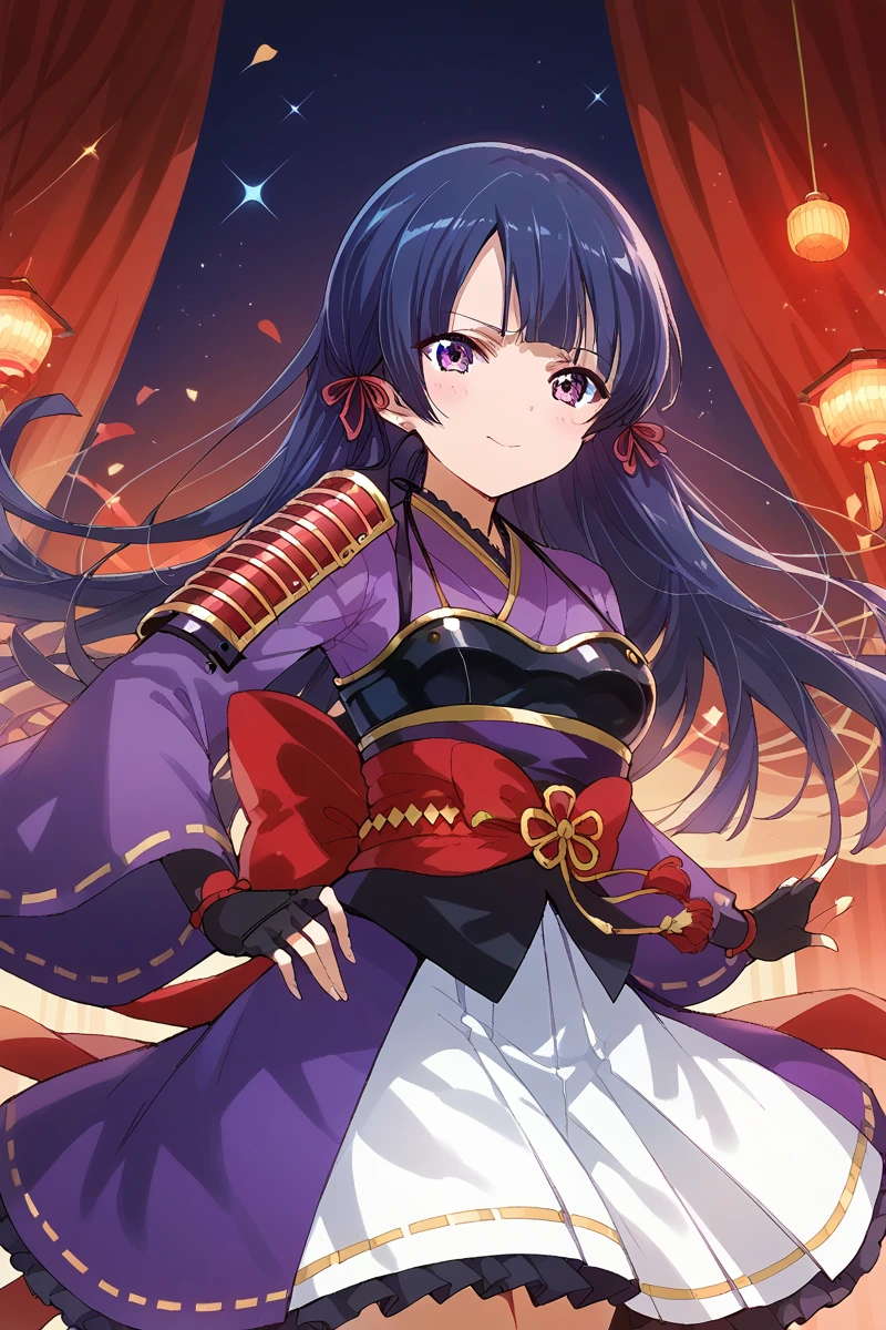 score_9, score_8_up, score_7_up, score_6_up, 1girl,
 <lora:Tamao_Tomoe:0.9> tamao, long hair, fingerless gloves, armor, shoulder armor, hair ribbon, japanese clothes, skirt, stage outfit, color lights, red curtain, stage,