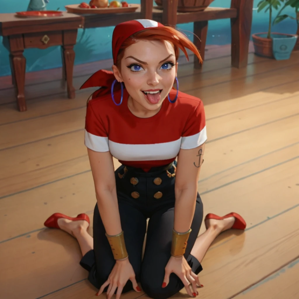 score_9, score_8_up, score_7_up, l3cmcbn, top view, looking at the viewer, jewelry, on knees, 1 girl, hoop earrings, solo, blue eyes, bandana, red hair, striped, red shirt, pants, black tatoo, tongue out, ahego face,
HUD_PR3TZ, FOLDED, LEGS UP