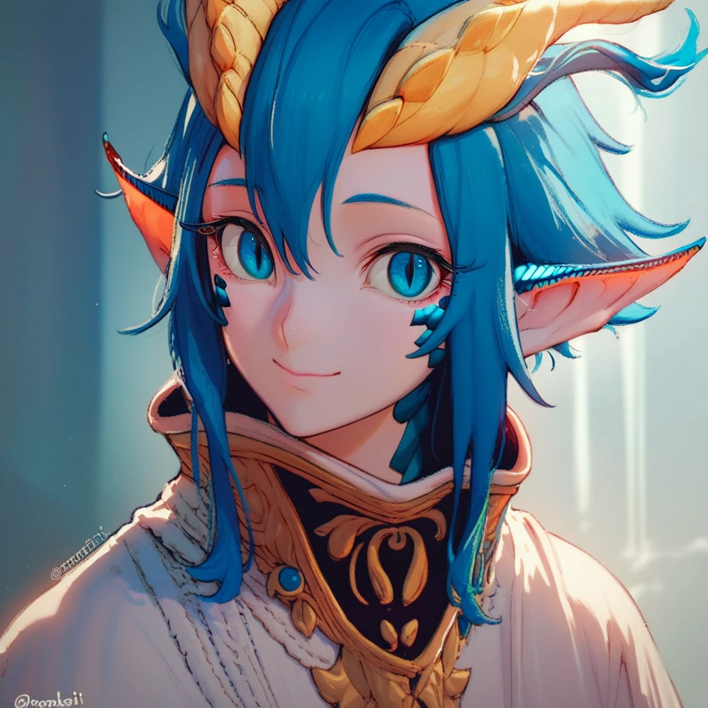 score_9, score_8_up, score_7_up, score_6_up, Skadi-Dragenfelt, Dragonoid, 1girl, solo, looking at viewer, smile, blue eyes, jewelry, closed mouth, blue hair, upper body, horns, pointy ears, twitter username, dragon horns, robe, white robe, sensitive