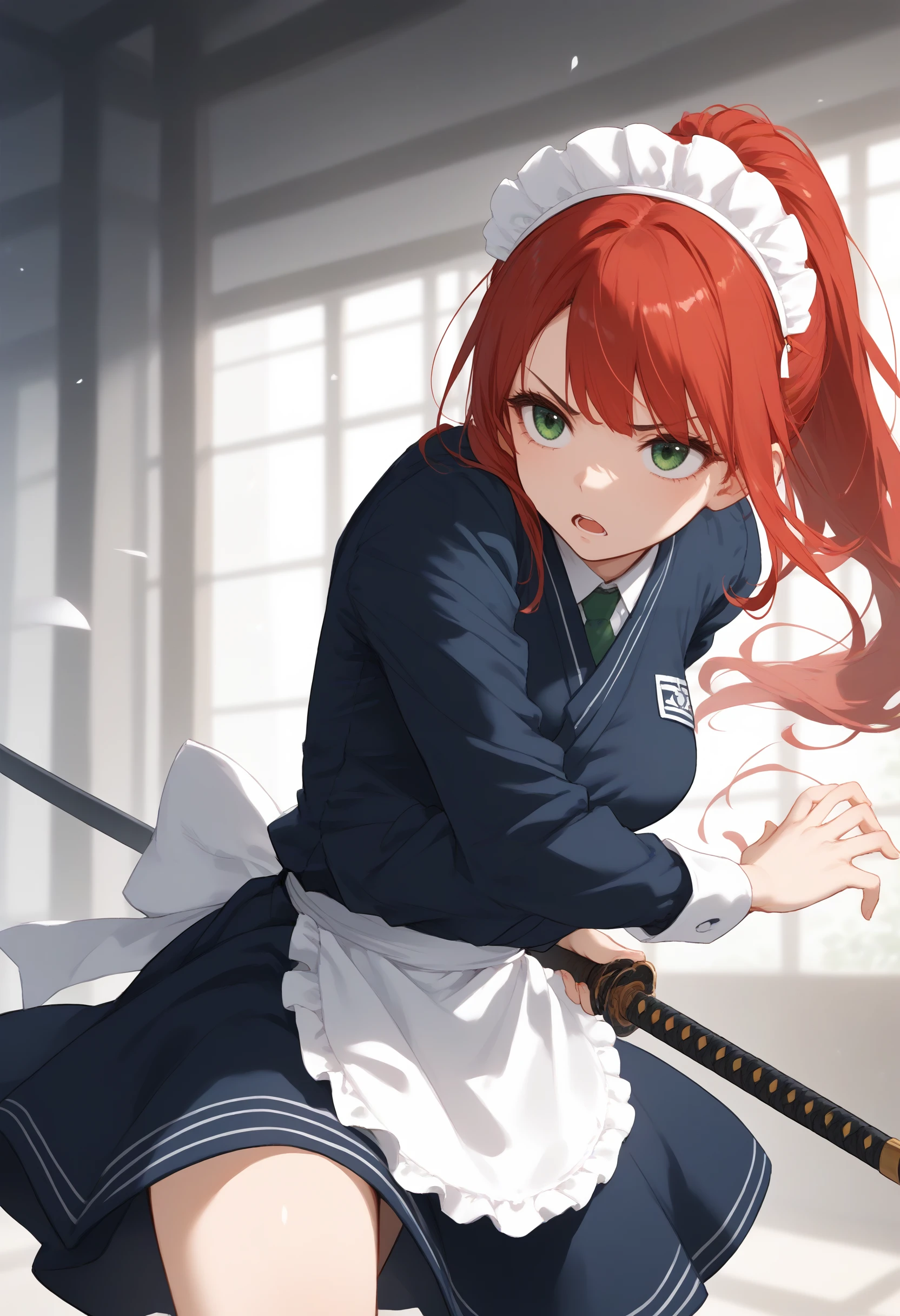 Anime girl with red hair holding a sword in a room - SeaArt AI