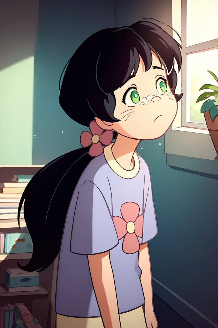 score_9, score_8_up, score_7_up, source_anime, andrea_sussman, black hair, green eyes, hair ornament, hair flower, long hair, ponytail, 1girl, indoors, standing, female focus, BREAK
upper body only, (focus on face:1.3), (emphasis on eyes:1.2), (soft lighting:1.1), (pastel color palette:1.1), (delicate expression:1.0)