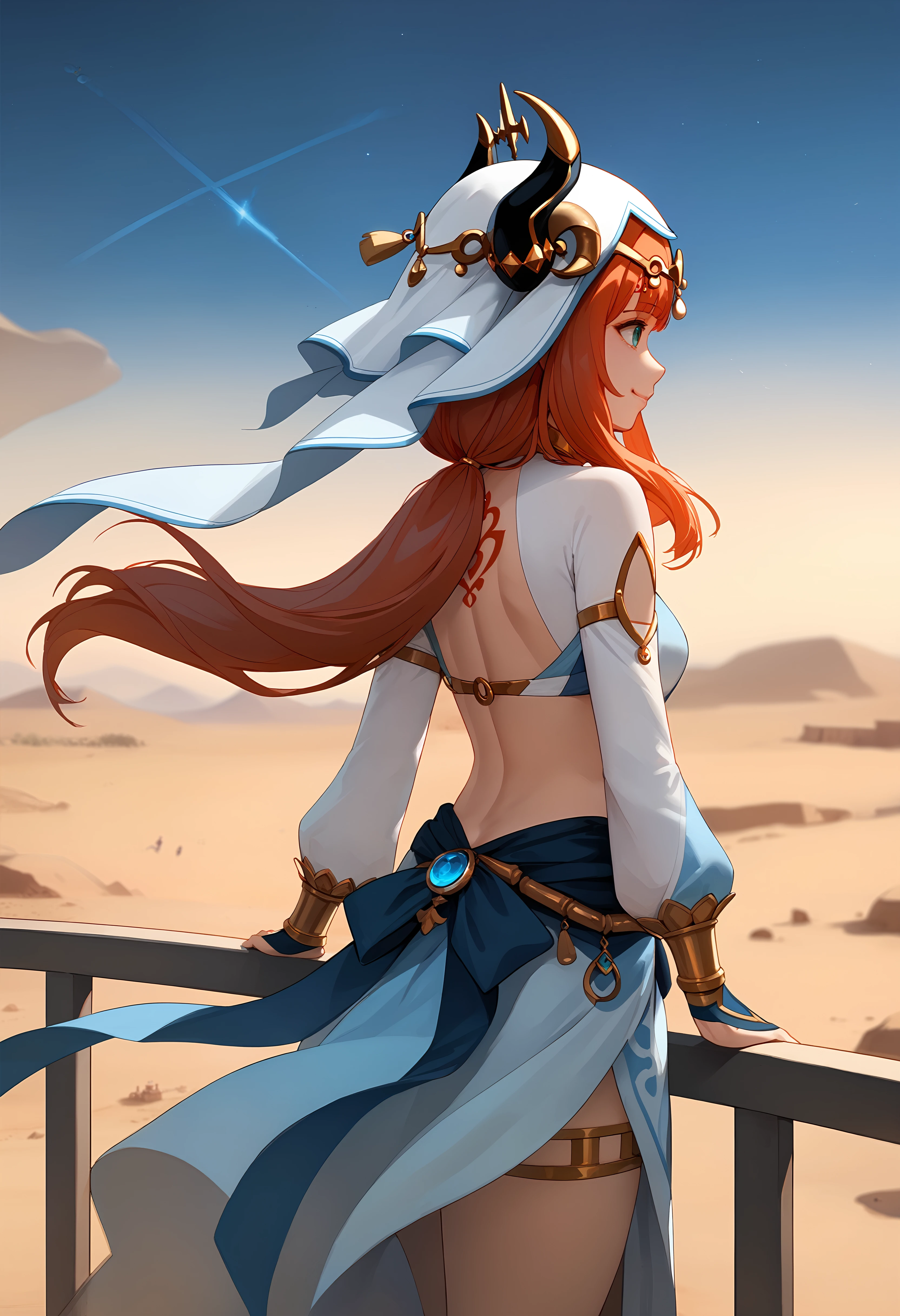 (score_9, score_8_up, score_7_up), 1girl, nilou, veil, horns, gold thighlet, back tattoo, looking back, smile, closed mouth, desert, night sky, railing, depth of field, wind, <lora:nilou-giPO-v1ar-000007:0.9>