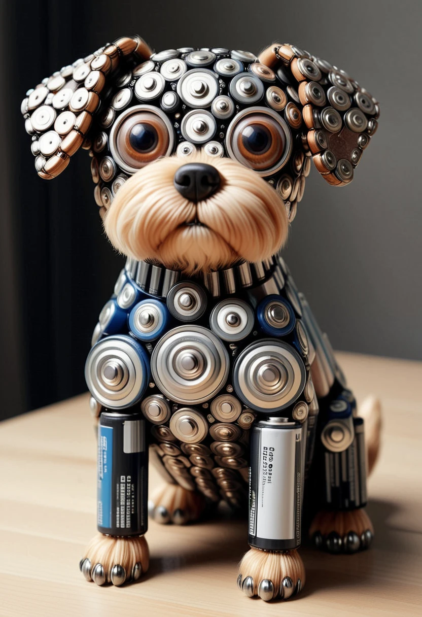 B4TT3R13S, a cute dog is made of batteries, detailed face, (big eyes:0.9), detailed eyes, ,Masterpiece,best quality, raw photo, realistic, very aesthetic