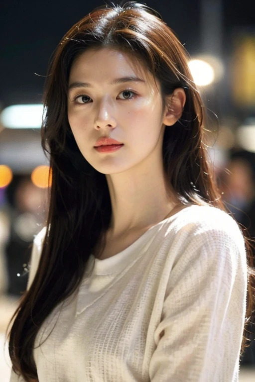 masterpiece, best quality, ultra-detailed, ultra high res, (photorealistic:1.4), raw photo, (realistic:0.2), 8k HDR, realistic cool temperature lighting, 1girl, solo, asymmetrical hair, outdoor, (traditional market:1.2), bokeh, (detailed lips), (detailed pores), (detailed skin textures), (detailed face:1.2), (upper body:1.3), a woman in a cardigans, promotional image, a character portrait,