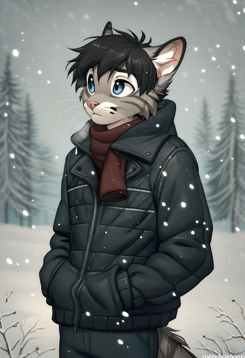score_9_up, score_8_up, score_7_up, by iskra, cute, edgarIskra, black hair, blue eyes, striped fur, grey fur, skinny, whiskers, solo, 1boy, furry male, standing, winter, snowing, jacket, hands in pockets, looking away, cold, neutral expression, outside, grey sky
