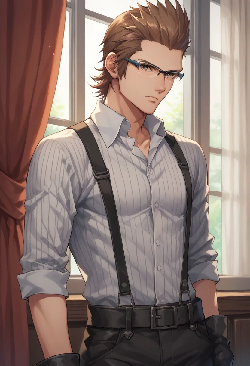 score_9, score_8_up, score_7_up, source_anime, highly detailed, 
ignisxv, 1boy, solo, male focus, glasses, brown hair, gloves, suspenders, gree, eyes, striped, shirt, black gloves, serious
indoor, window, curtains,