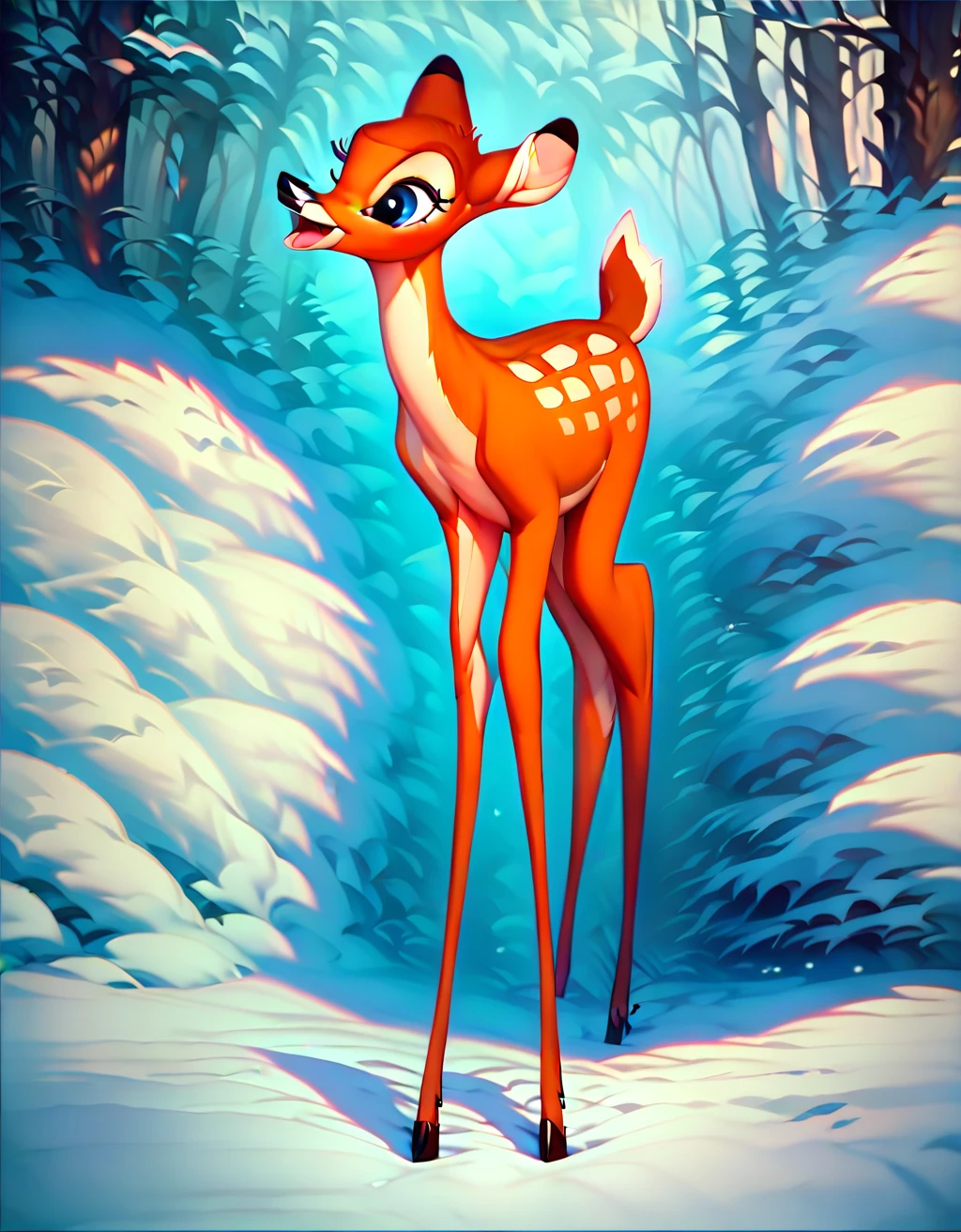 score_9, score_8_up, score_7_up, score_6_up,
 <lora:Bambi:1> faline, deer, female, azure eyes, solo, forest, young, masterpiece, ultrarealistic, hyperdetailed, lateral view, detailed eyes, full body, snow
 <lora:add-detail-xl:1> <lora:Furry Enhancer 6.1:1>