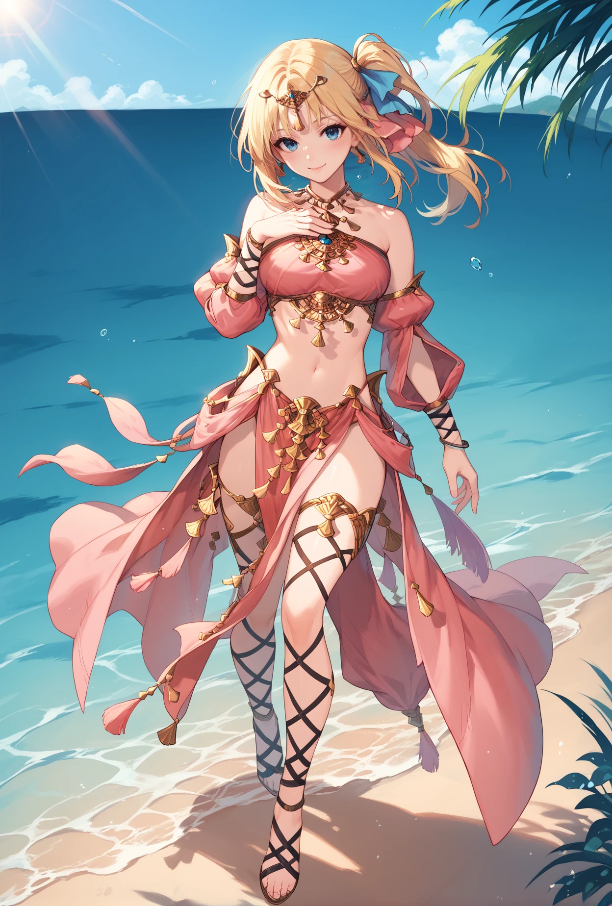 score_9, score_8_up, score_7_up,full body, 
1girl,side ponytail,hair ribbon,blonde hair,blue eyes,long hair,
 bandeau, dancer,cross-laced legwear,detached sleeves, circlet,jewelry,pelvic curtain,,hair ornments, smile,
ocean,hand on own chest, sunlight,  <lora:OutfitThavernarXLPony:1>