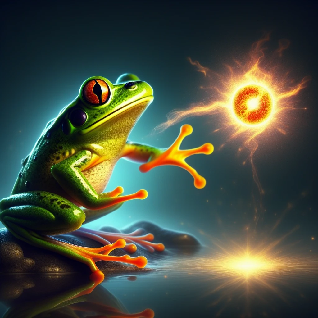 An image of a frog casting fireball spell, The background is dark and muted, with soft lighting to highlight it's features, Highly details, masterpiece, depth of focus, 64k