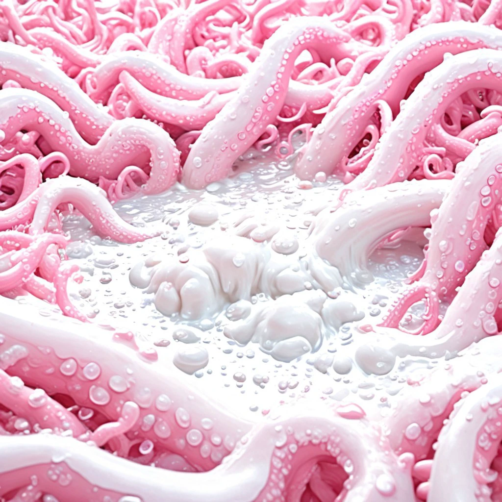 a white puddle filled with white slime, pink tentacles