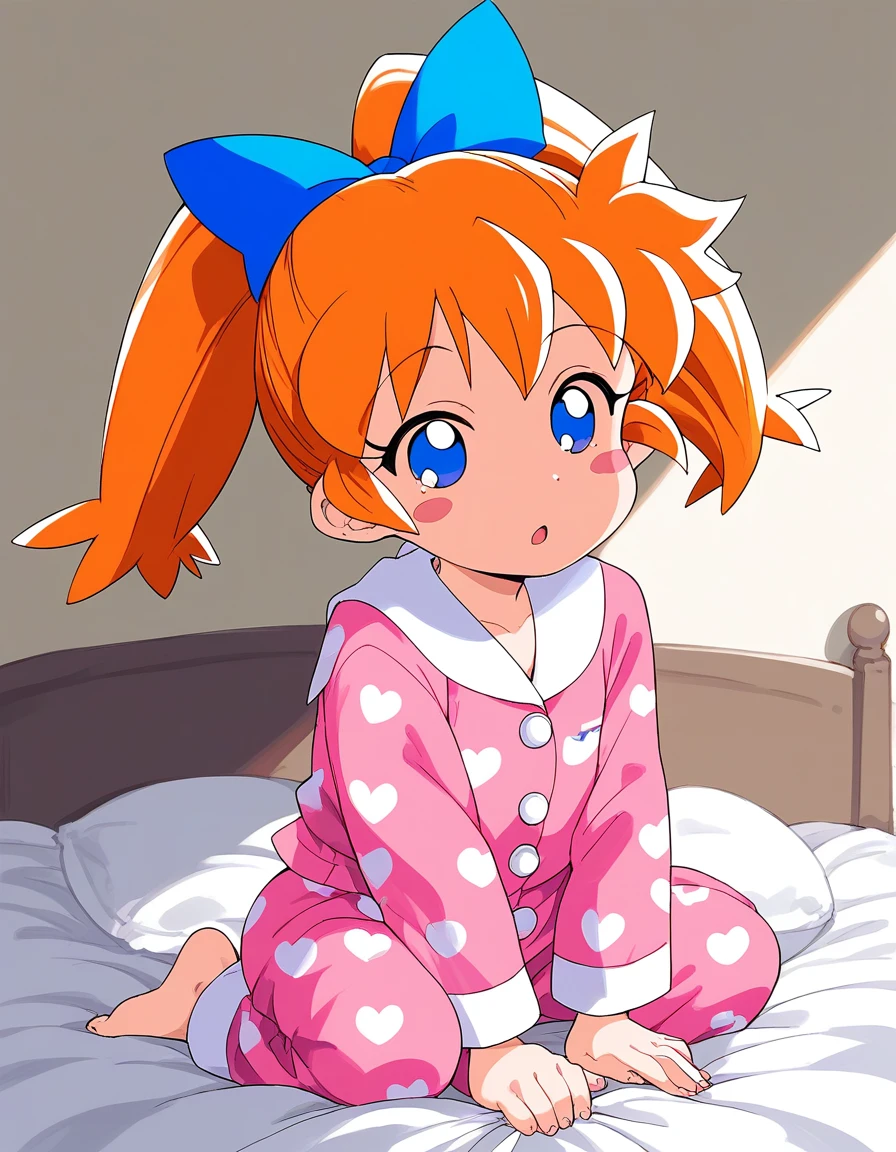 score_9, score_8_up, score_7_up, source_anime, rating_explicit, BREAK  <lora:Popuri_XL:0.8> Popuri_Nishino_Kaori, orange hair, blue eyes, twintails, blush stickers, blue bow, hair bow, ponytail, long hair, short stack,
 1girl, pink pajamas, solo, open mouth,ãpattern,
bed room,