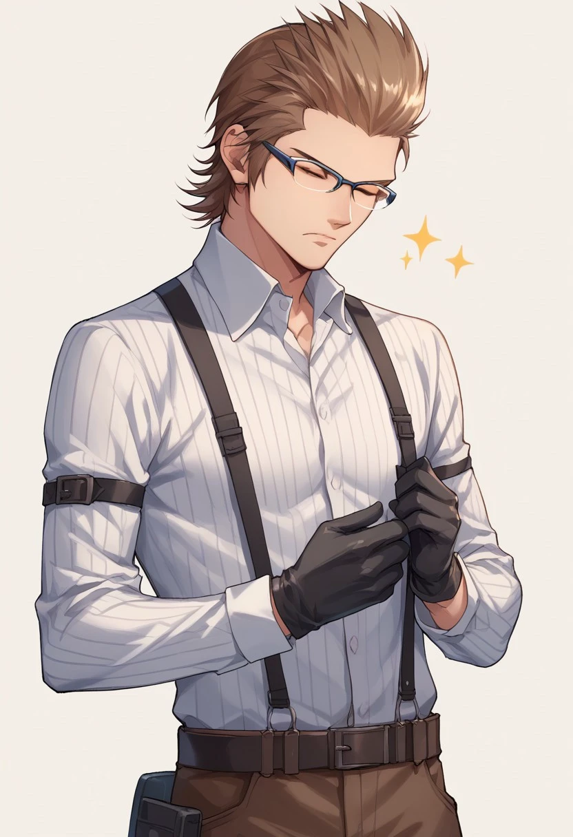 score_9, score_8_up, score_7_up, source_anime, highly detailed, 
ignisxv, 1boy, solo, male focus, glasses, brown hair, gloves, suspenders, closed eyes, striped, shirt, black gloves, serious
indoor,