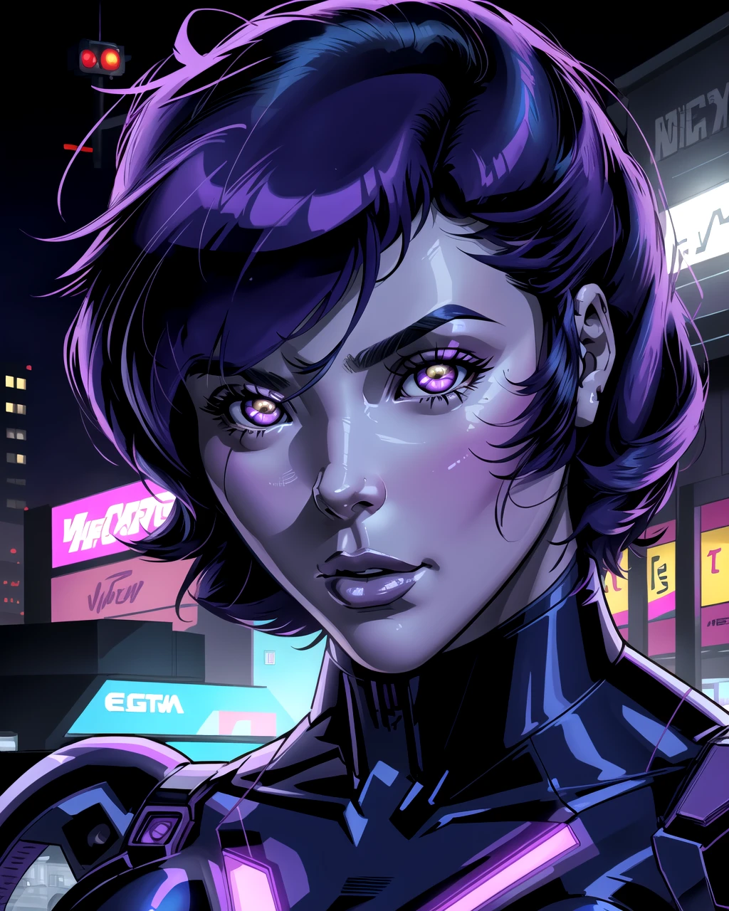motoko kusanagi, masterpiece, best quality, detailed face close up, glow eyes, cyber face, cyber scarred face, (daytime, outdoors, harsh lighting), western comic book style, detailed intricate linework