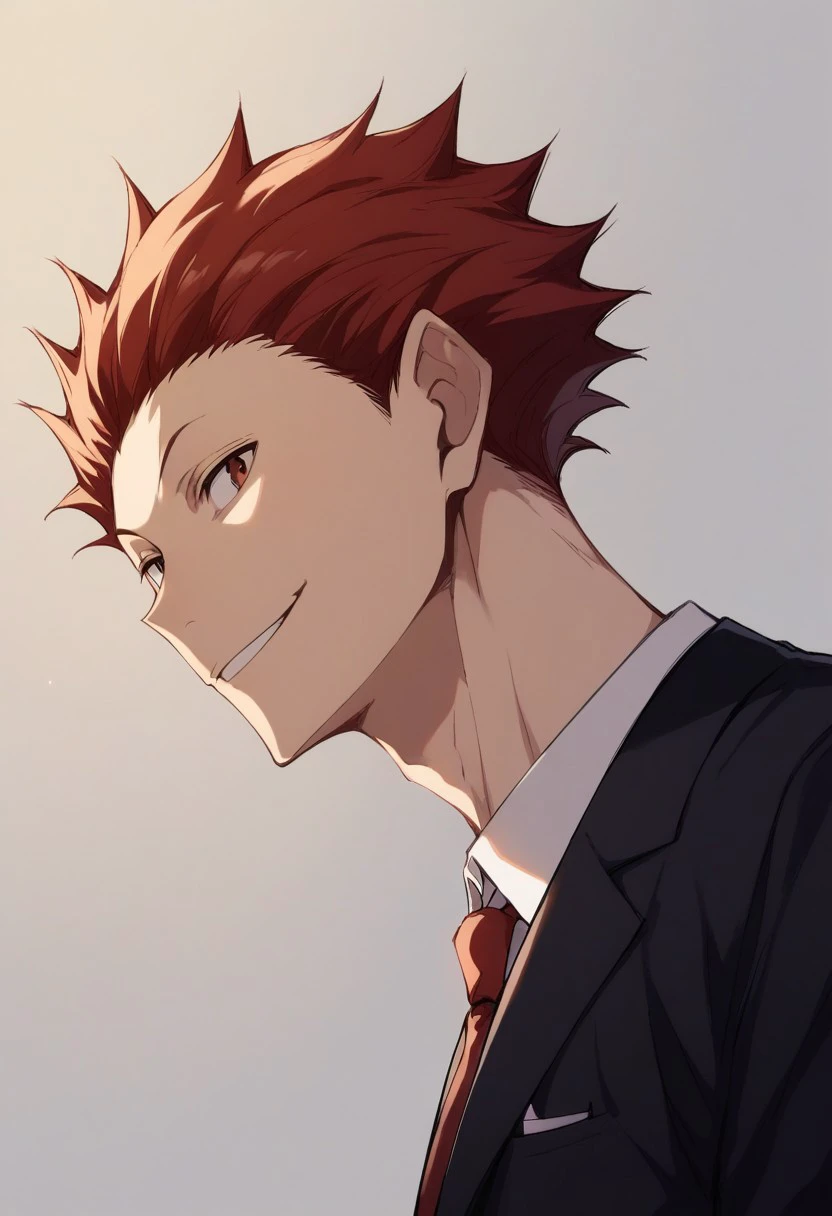 score_9, score_8_up, score_7_up, source_anime, rating_safe, Tenaikyu, 1boy, male focus, black formal suit, red necktie, wide smile, from side, from below,