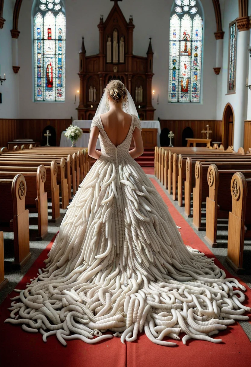 W0Rm5, a bride wearing a dress made from white worms, set in a church, ,Masterpiece,best quality, raw photo, realistic, very aesthetic