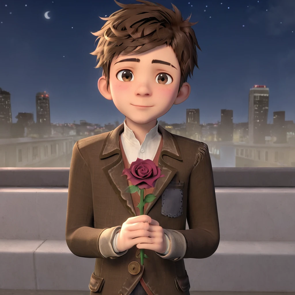 <lora:VictorV2:0.7>,1boy,brown eye,city night background,brown jacket,impatient,solo,(blush:0.6),submit,looking at the viewer,holding a rose,