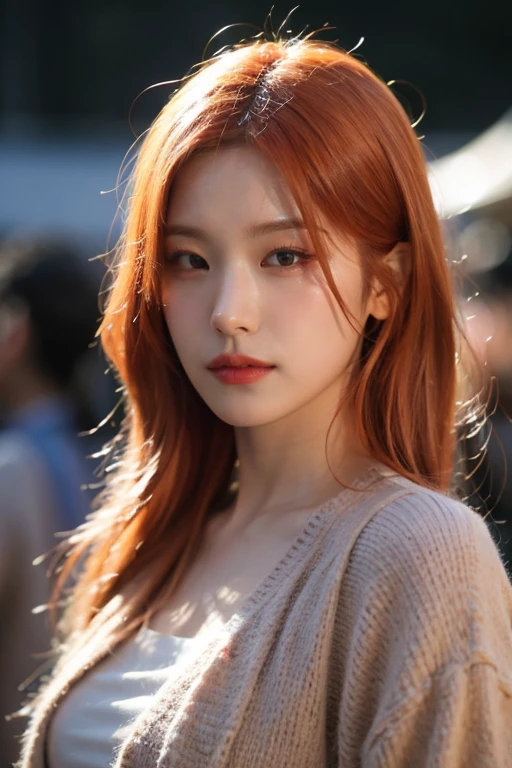 masterpiece, best quality, ultra-detailed, ultra high res, (photorealistic:1.4), raw photo, (realistic:0.2), 8k HDR, realistic cool temperature lighting, 1girl, solo, asymmetrical orange hair, outdoor, (traditional market:1.2), bokeh, (detailed lips), (detailed pores), (detailed skin textures), (detailed face:1.2), (upper body:1.3), a woman in a cardigans, promotional image, a character portrait,