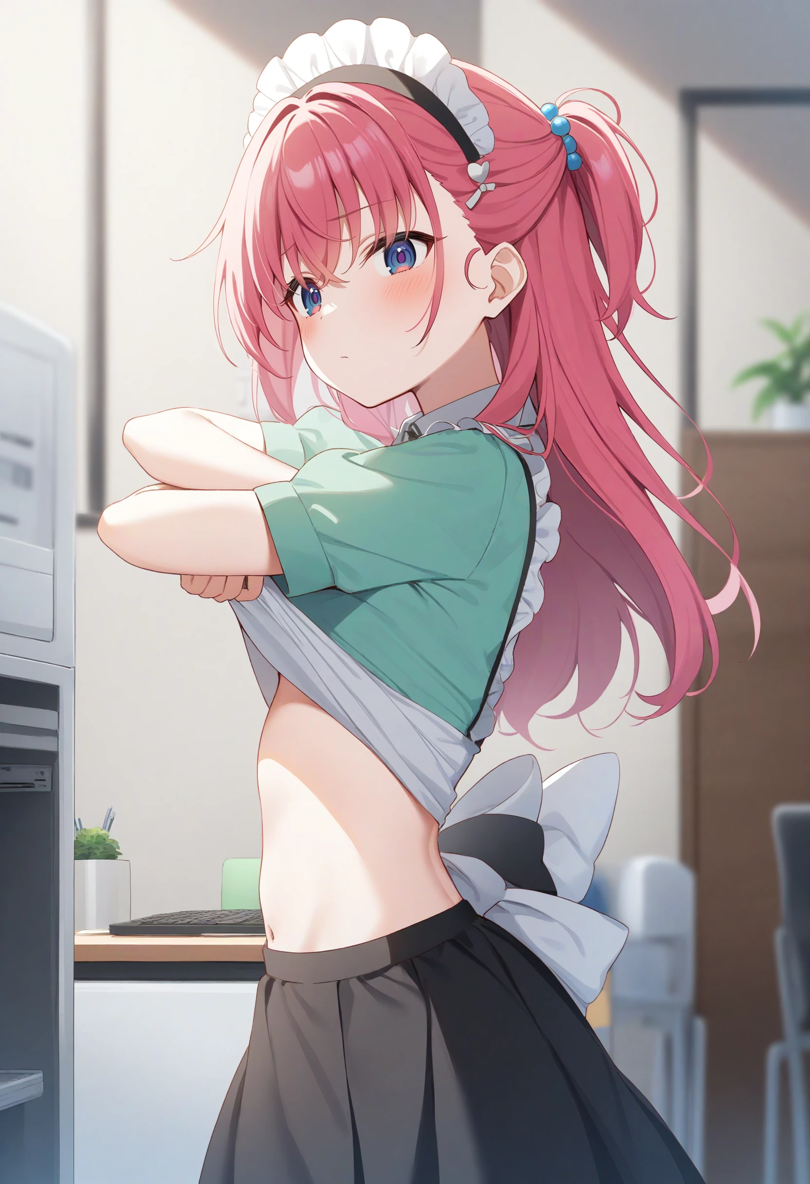 1girl,sincos, ningen mame, toosaka asagi,solo,medium breasts,20yo,maid,maid headdress,
skirt, navel, blush, undressing, shirt lift, clothes lift, lifted by self, crossed arms,
from side, wide shot, looking back, pink hair, purple eyes,guilt, computer room, closed mouth, french hair,,
best quality, very aesthetic, absurdres <lora:undressing_XL_v1:0.8>