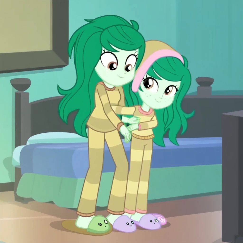 1girl, green hair, green skin, brown eyes,smile,full body, long hair , Bed ,pajamas, smile, arms around head, bedroom, slippers