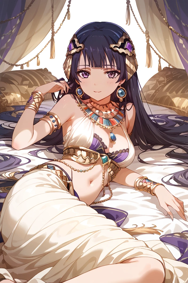 score_9, score_8_up, score_7_up, score_6_up, 1girl,
 <lora:Tamao_Tomoe:0.9> tamao, long hair, jewelry, solo, bracelet, armlet, lying, breasts, looking at viewer, on side, midriff, purple eyes, black hair, navel, necklace, cleopatra, seductive,