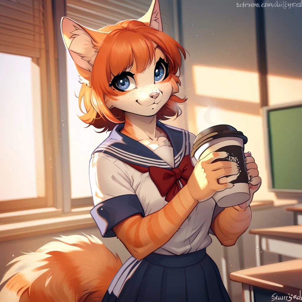 score_9_up, score_8_up, score_7_up, veraIskra, orange hair, tabby cat, blue eyes, freckles, solo, 1girl, female, smile, holding coffee in one hand, holding cellphone, school uniform, furry, inside, looking at viewer, sunilght, day, classroom, by iskra, cute
