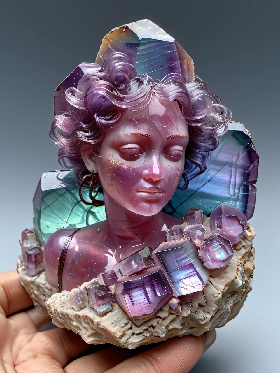 (photorealistic),  <lora:Fluorite_Mineral_SDXL:1> fluorite mineral, iridiscent, flu0rite woman