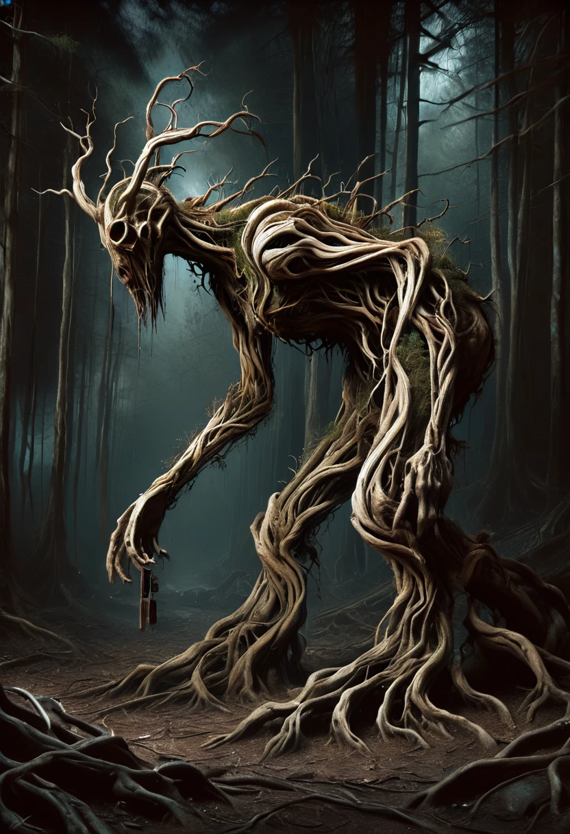 In the middle of a deep forest, A big tree, Embedded in an unnatural tree, entangled in ivy, Twist Arm, Twisted body, Swirling body, Deep in the forest, Assimilate with nature, grotesque,The Monster、japanes, Whole body, Faithful reproduction of a real human being, Very realistic, High quality, 8k resolution Photorealistic masterpiece