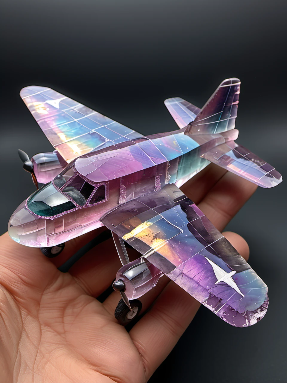 (photorealistic),  <lora:Fluorite_Mineral_SDXL:1> fluorite mineral, iridiscent, F117 airplane