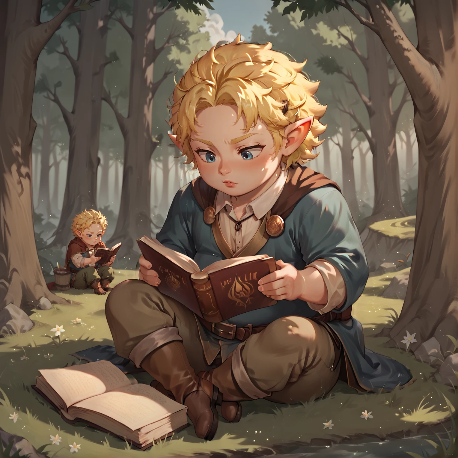 1boy, blonde hair, sitting, reading, fully clothed, homespun clothes, forest, pointy ears, <lora:Halflings_Pony_XL:1>, short, chubby, halflings, hobbits, BREAK score_9, score_8_up, score_7_up, best quality, masterpiece, 4k, prefect lighting, very aesthetic, anime, zPDXL2, <lora:IriaStylePony:0.8>, IRIaStyle, chibi