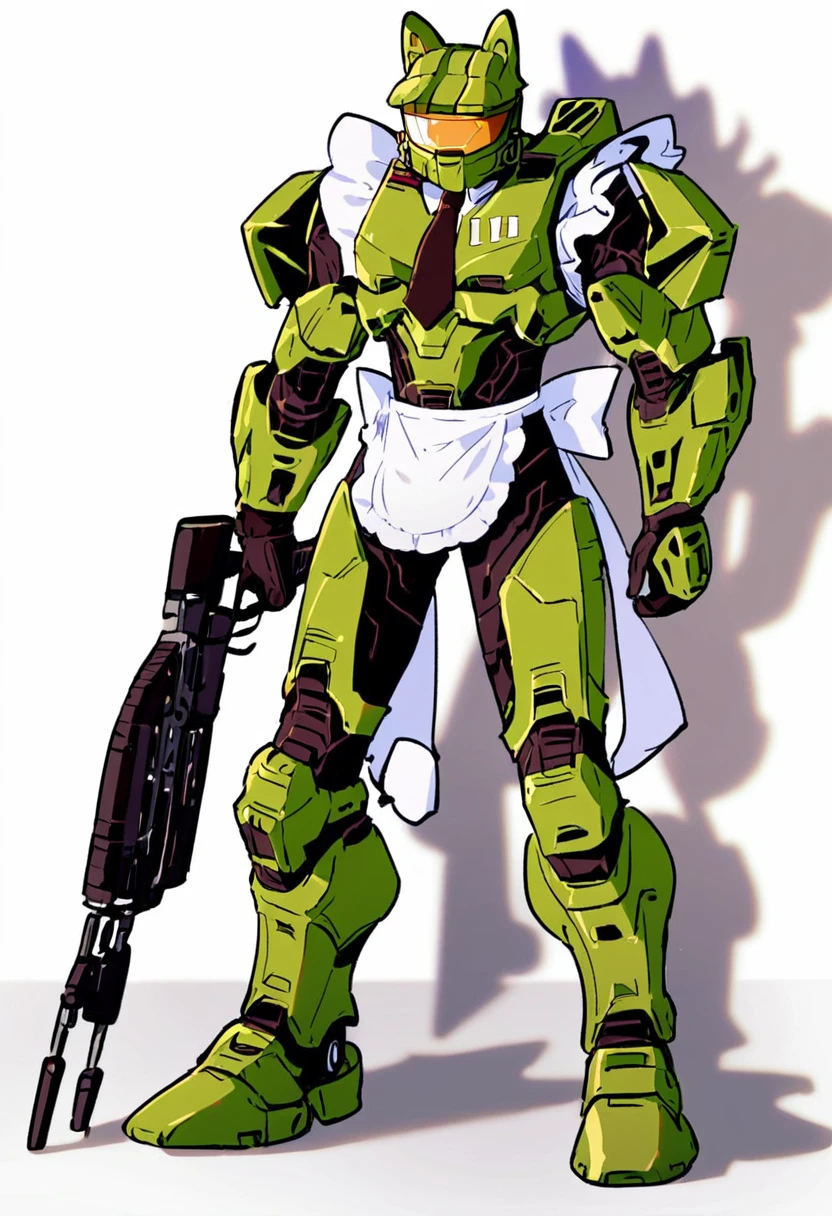 <lora:Master_Chief:1>,score_9,score_8_up,score_7_up,source anime,master_chief, full body, 1boy, animal_ears_helmet, apron, armor, armor_under_clothes, assault_visor, black_necktie, detached_collar, frills, maid_apron, maid_headdress, male_focus, necktie, orange_visor, power_armor, rifle, science_fiction, shadow, short_necktie, solo, spartan_(halo), weapon, white_background, halo_(series), halo_infinite,