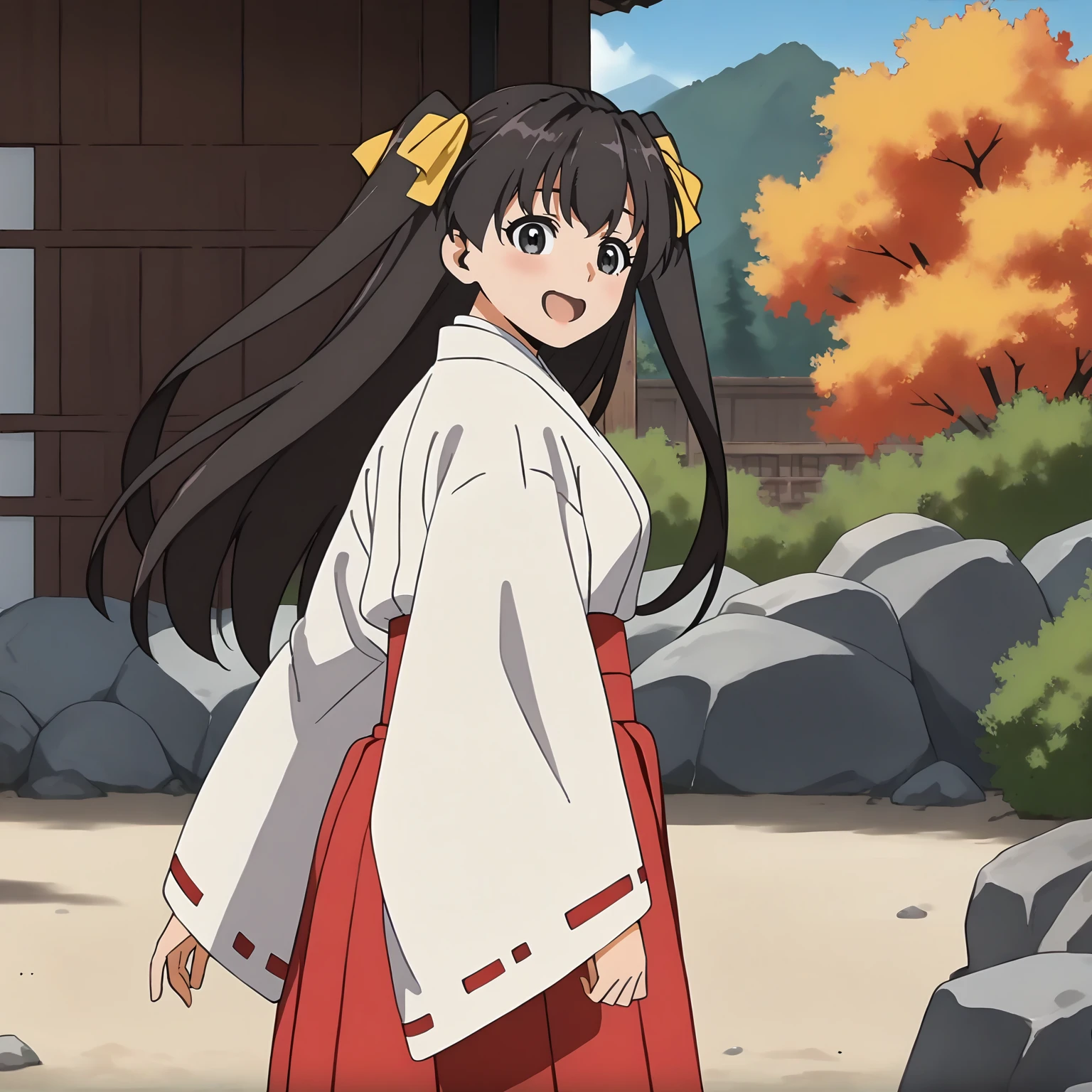 <lora:TES_HikaruXLpony002>,
smile,open mouth,
solo,
Hikaru,1girl,black brown hair,two -side up,hair ribbon,long hair,black eyes,
miko,japanese clothes,ribbon-trimmed sleeves,
red hakama,
outdoors,
standing,looking back,