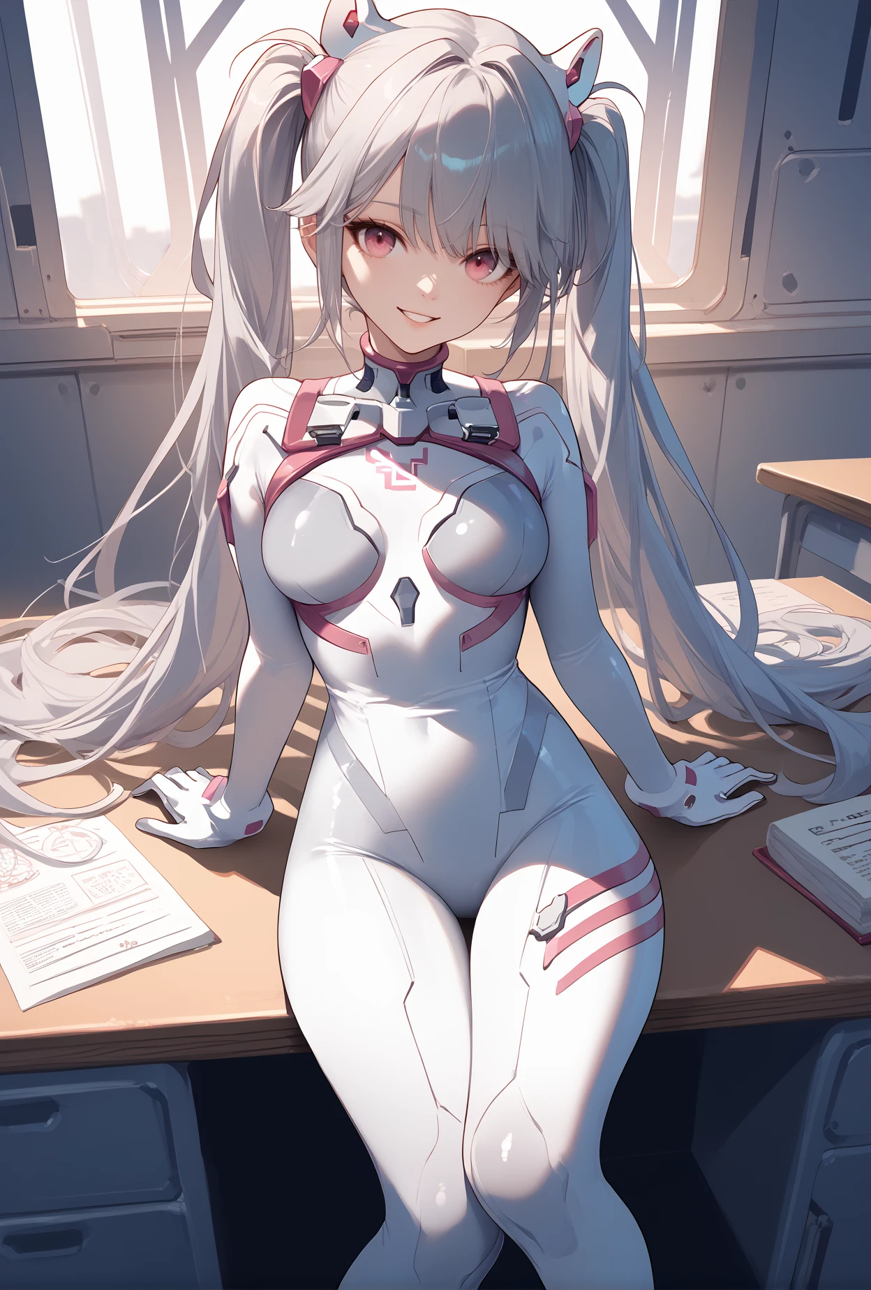 score_9, score_8_up, score_7_up, score_6_up, score_5_up, score_4_up,anime source,
  alicernd, twintails, very long hair, grey hair, pink eyes smile,
Evasuit08, white bodysuit, multicolored bodysuit,
sitting on desk, <lora:alice-nikke-richy-v1_pdxl:1>,<lora:Eva08XLPony:1>