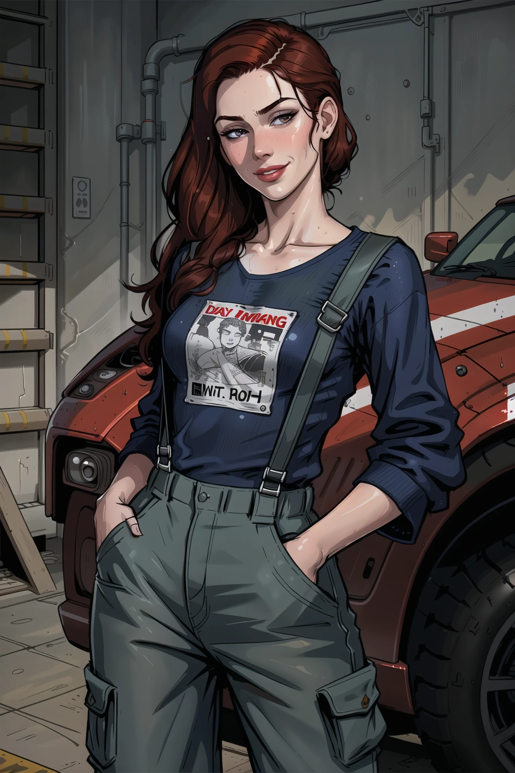 (detailed), beautiful woman, dark red hair, pale skin, wearing loose [black:dark blue:0.5] baggy racing pants full [jumpsuit|overalls], (baggy loose untucked tshirt), branded graphics clothes, neck brace, oily sweaty grimy skin, smirk, lips parted, detailed wet hair, (racing harness), dirty, car mechanic, garage, ((high detailed skin, skin details)), detailed cloth folds, detailed cluttered busy background, hand in pocket, 8k uhd, dslr, high quality, film grain, (intricate linework:1) outlines, professional comic book style, (flat shaded:1)