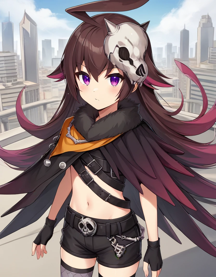 score_9, score_8_up, score_7_up, source_anime,  ((1girl, solo)), dapiko, dark-brown hair, brown to purple hair, antenna hair, ahoge, long hair, purple eyes, hair ornament, skull, cloak, black to purple cloak, black camisole, navel, belt, fingerless gloves, black shorts, gray thighhighs, black boots, outdoor, cityscape