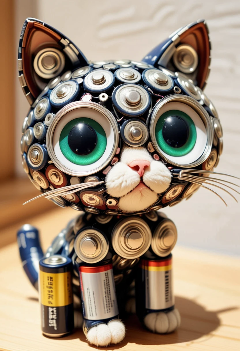 B4TT3R13S, a cute cat is made of batteries, detailed face, (big eyes:0.9), detailed eyes, ,Masterpiece,best quality, raw photo, realistic, very aesthetic