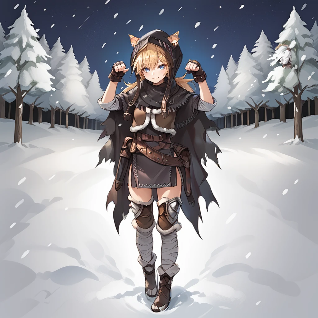 <lora:IDW (4):1>,1girl,solo,idw \(girls' frontline\),idw \(cloak and cat ears\),blonde hair,hair between eyes,long hair,cat ears,animal ear fluff,ears through headwear,blue eyes,slit pupils,fangs,cat tail,
hood,black undershirt,fur vest,fingerless gloves,black cloak,torn cloak,burnt cloak,belt accessory,brown footwear,bandaged leg,fur greaves,
looking at viewer,smile,:3,hands up,paw pose,standing,
outdoors,forest,snow,snowing,night,night sky,star \(sky\),, score_9, score_8_up, score_7_up, perfect anatomy, source_anime, zPDXLxxx,