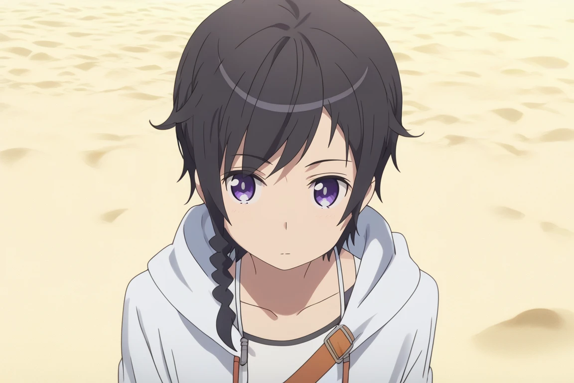 Highly detailed, masterpiece, high quality, beautiful, high resolution, good details,collarbone,1boy,solo,male focus,looking at viewer,mezcla5v2,azuma jimon,black hair,purple eyes,braid,single braid,white hood,black shorts,beach<lora:EMS-412513-EMS:1.000000>, <lora:EMS-434677-EMS:1.000000>