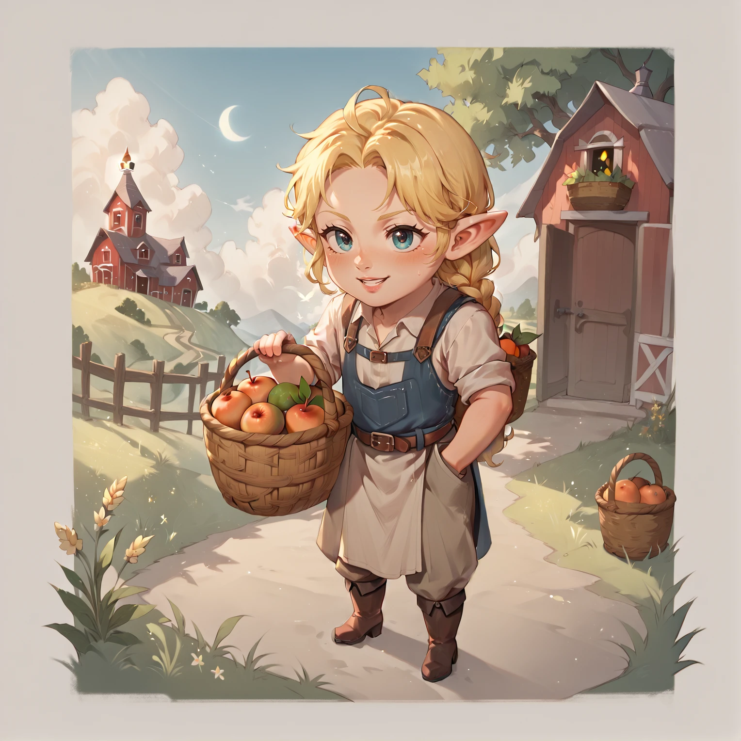 1boy, blonde hair, fruit basket, pointy ears, farm, <lora:Halflings_Pony_XL:1>, halflings, hobbits, BREAK score_9, score_8_up, score_7_up, best quality, masterpiece, 4k, prefect lighting, very aesthetic, anime, zPDXL2, <lora:IriaStylePony:0.8>, IRIaStyle, chibi