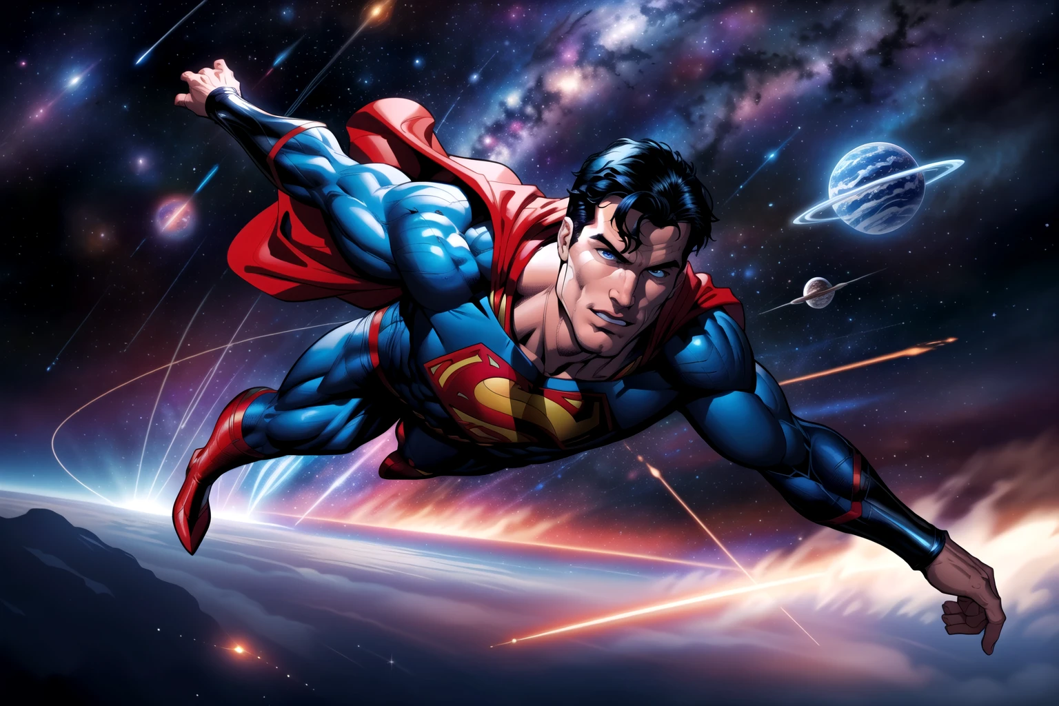 Superman, blue eyes, detailed face, flying towards camera, speed lines, dynamic action shot, outer space, planet background, detailed background clutter, foreshortened, hands, professional comic book style, prominent outline linework